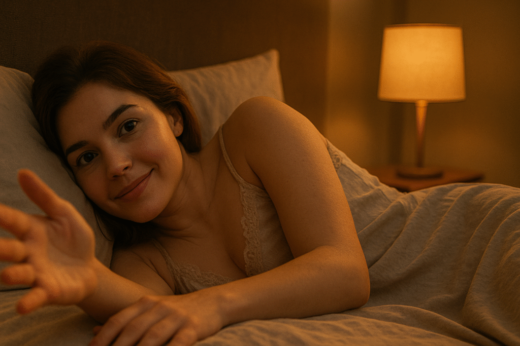 Интимное аудио удовольствие — девушка на кровати слушает эротический шёпот