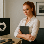 Строгая женщина в офисе с блокнотом на фоне монитора — обложка к аудиофантазии о начальнице и скрытом соблазне на работе