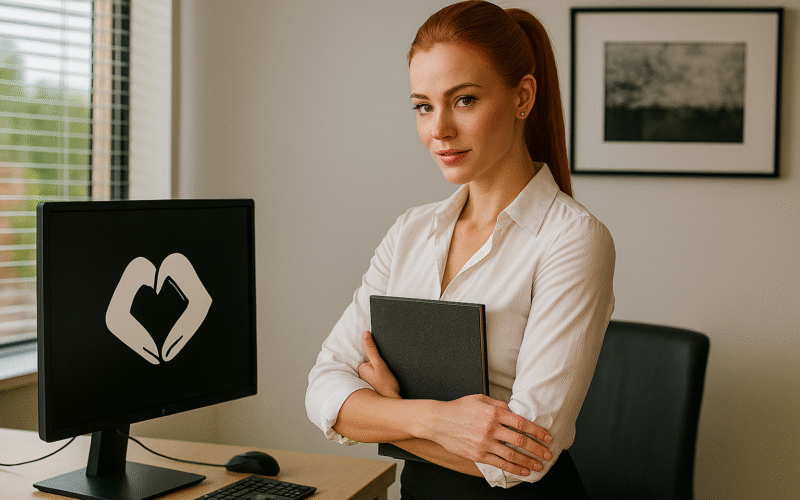 Строгая женщина в офисе с блокнотом на фоне монитора — обложка к аудиофантазии о начальнице и скрытом соблазне на работе