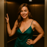 Улыбающаяся женщина в вечернем платье в лифте — обложка к аудиоистории о запретной страсти и измене