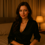 Девушка в тёмном халате на кровати — визуал к утренней аудиофантазии о пробуждении и страстном поцелуе