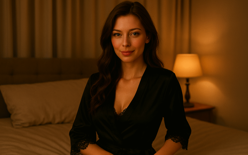 Девушка в тёмном халате на кровати — визуал к утренней аудиофантазии о пробуждении и страстном поцелуе