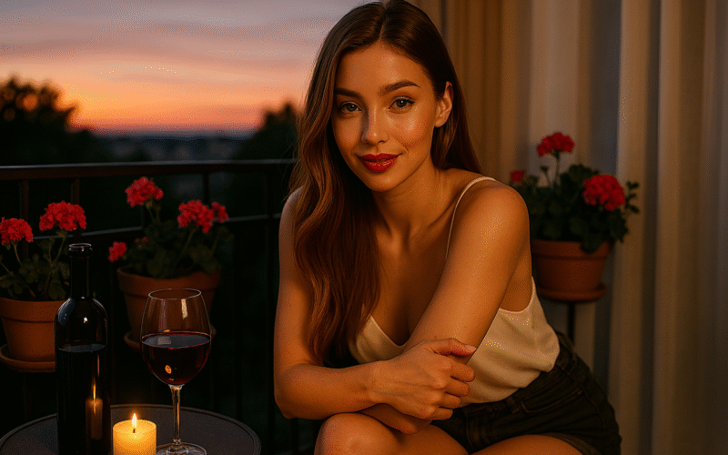 Девушка на балконе при свечах и бокале вина — обложка к аудио рассказу о ночной близости и голосе рядом