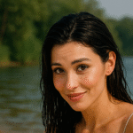 Улыбающаяся девушка с мокрыми волосами на берегу — обложка к аудиоистории о фетишах и чувственных прикосновениях