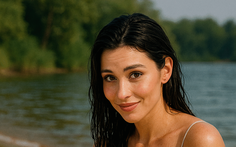 Улыбающаяся девушка с мокрыми волосами на берегу — обложка к аудиоистории о фетишах и чувственных прикосновениях