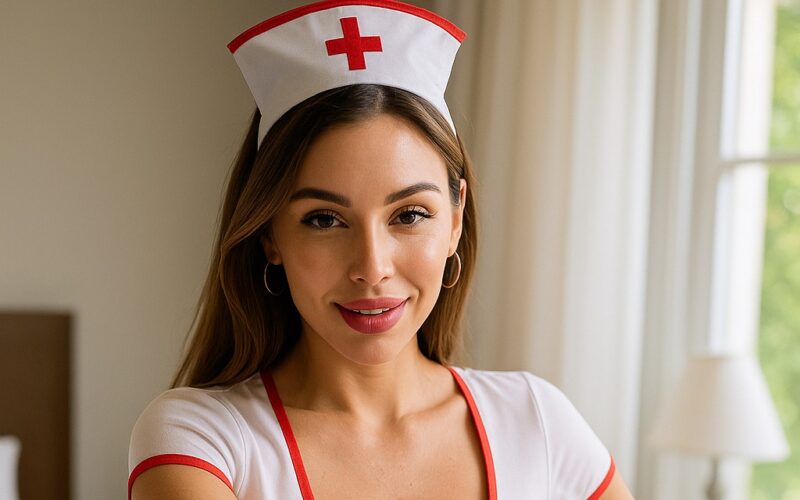 Молодая женщина в костюме медсестры — визуал к ролевой аудиоистории о фантазии осмотра