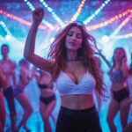 Девушка танцует на вечеринке ночью, атмосфера флирта и случайного знакомства